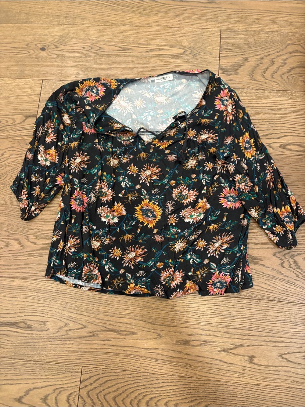 Natural Life Floral Tie-Neck Blouse - Black with Pink & Yellow Flowers